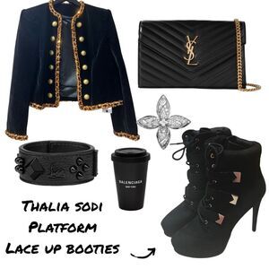 Thalia Sodi Platform Lace Up Strap Over Boot / Bootie With Gold Accents